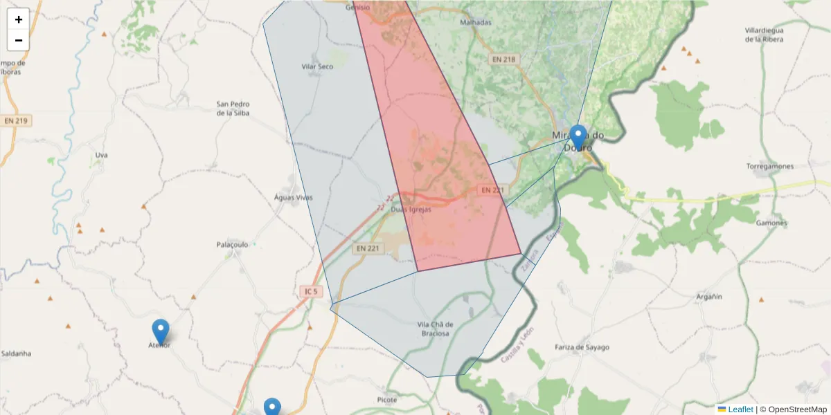 Mapa detalhado do código postal 5210-052 com limites, códigos postais vizinhos e agências dos correios