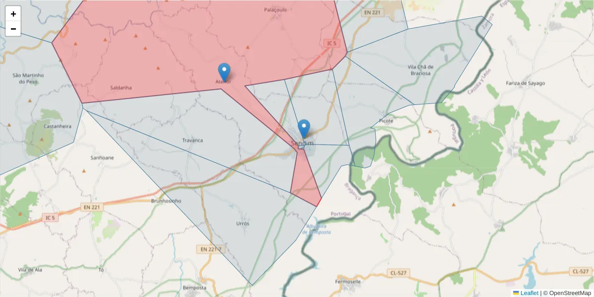 Mapa detalhado do código postal 5225 com limites, códigos postais vizinhos e agências dos correios
