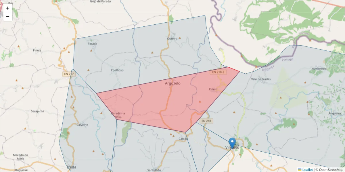 Mapa detalhado do código postal 5230-032 com limites, códigos postais vizinhos e agências dos correios