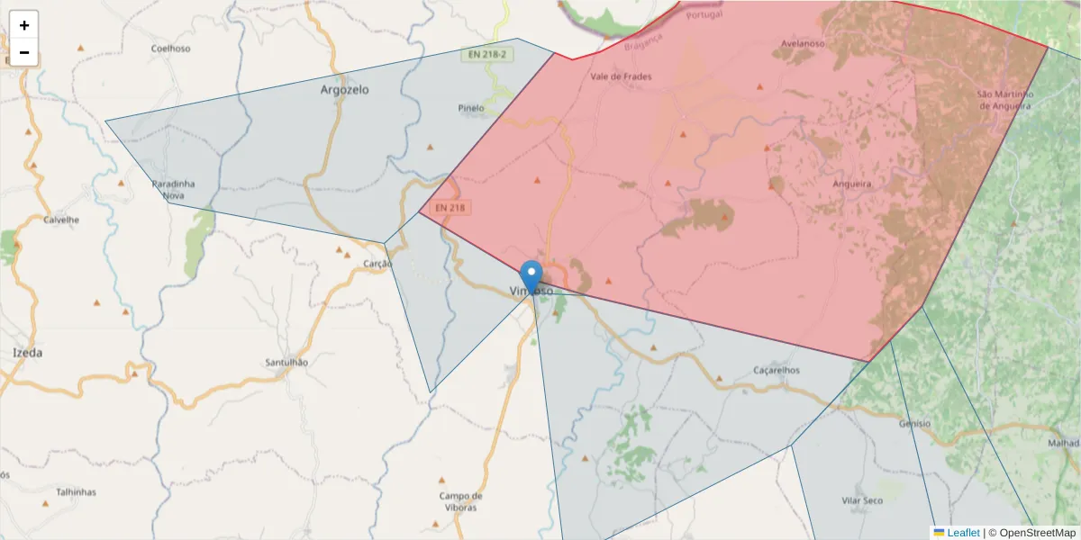Mapa detalhado do código postal 5230-308 com limites, códigos postais vizinhos e agências dos correios