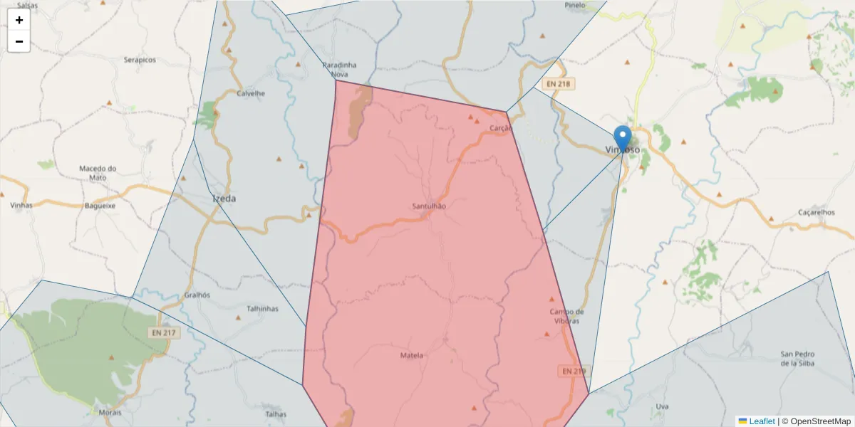 Mapa detalhado do código postal 5230 com limites, códigos postais vizinhos e agências dos correios