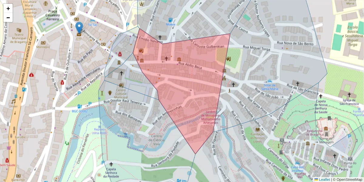Mapa detalhado do código postal 5300-011 com limites, códigos postais vizinhos e agências dos correios