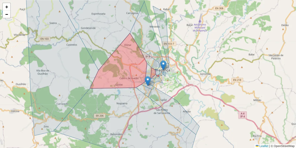 Mapa detalhado do código postal 5300-068 com limites, códigos postais vizinhos e agências dos correios