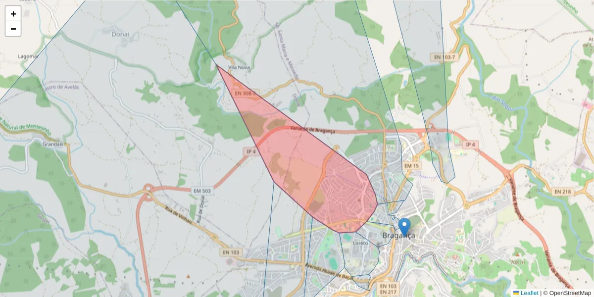 Mapa detalhado do código postal 5300-074 com limites, códigos postais vizinhos e agências dos correios
