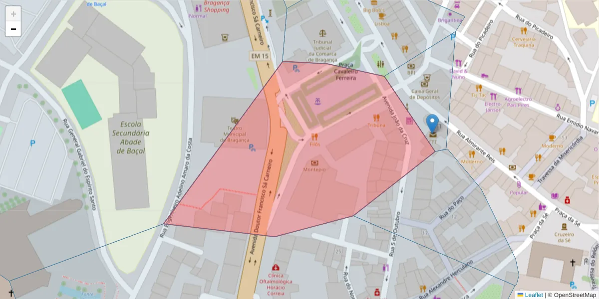 Mapa detalhado do código postal 5300-108 com limites, códigos postais vizinhos e agências dos correios