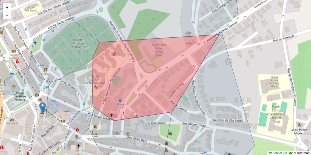Mapa detalhado do código postal 5300-111 com limites, códigos postais vizinhos e agências dos correios