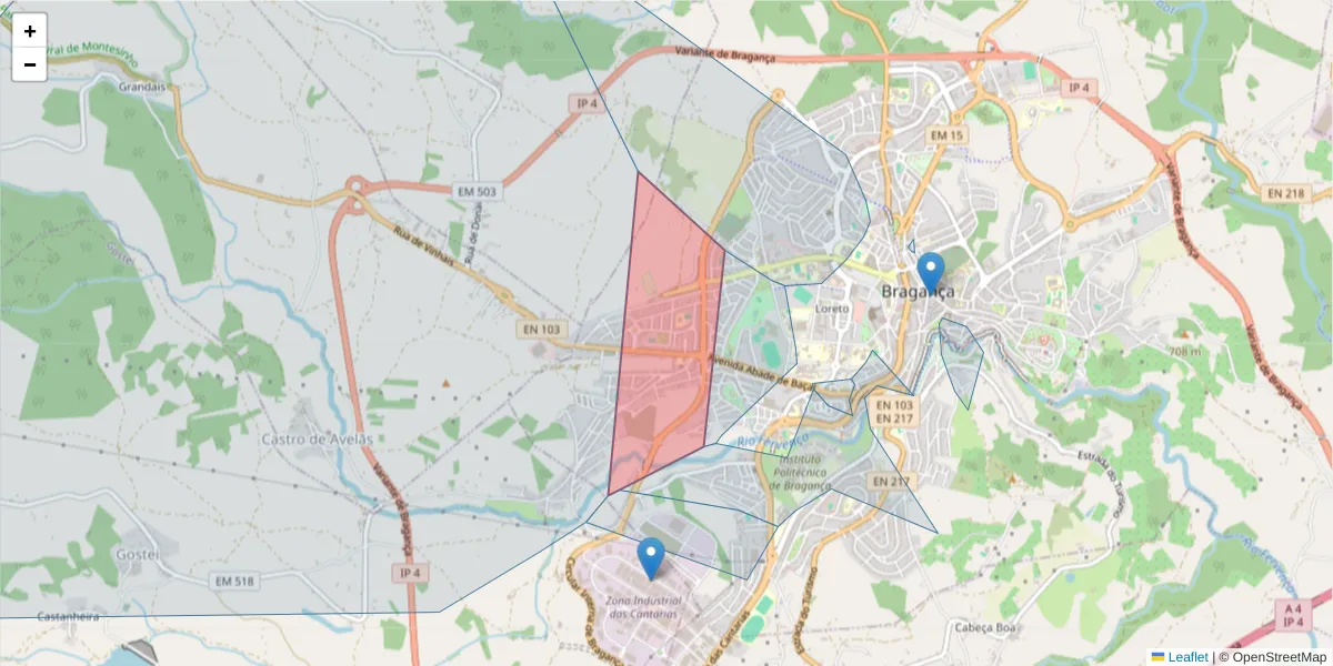 Mapa detalhado do código postal 5300-114 com limites, códigos postais vizinhos e agências dos correios