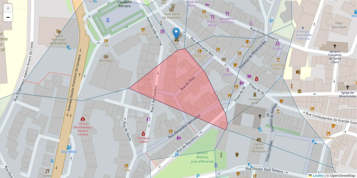 Mapa detalhado do código postal 5300-223 com limites, códigos postais vizinhos e agências dos correios