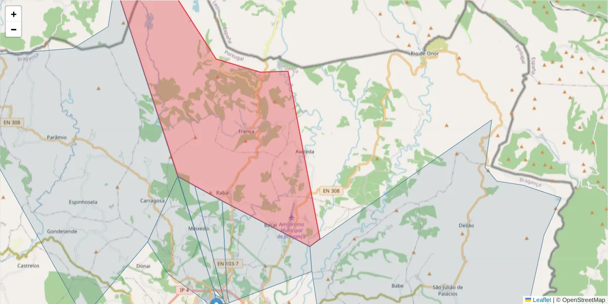 Mapa detalhado do código postal 5300-411 com limites, códigos postais vizinhos e agências dos correios