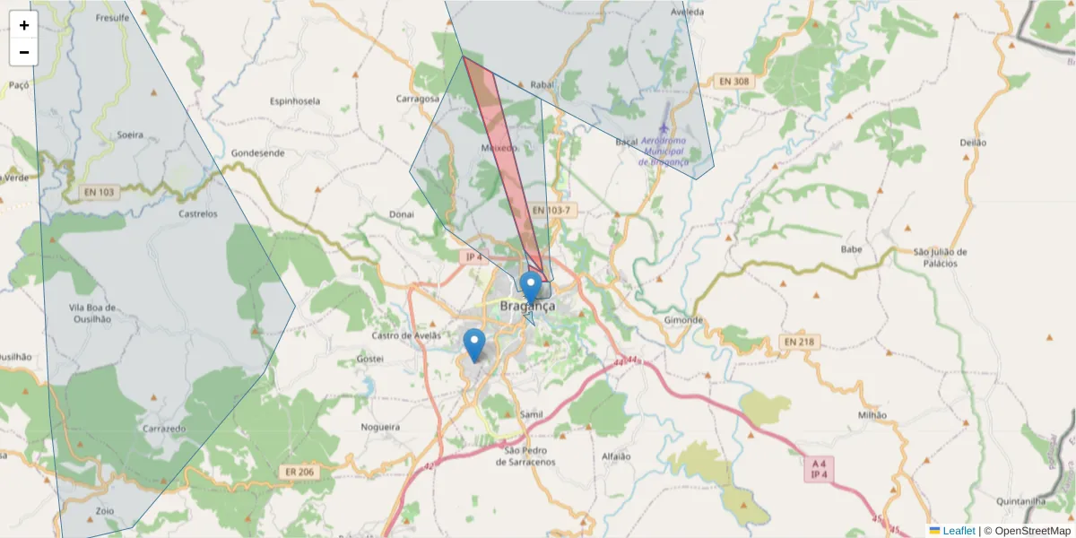 Mapa detalhado do código postal 5300-440 com limites, códigos postais vizinhos e agências dos correios