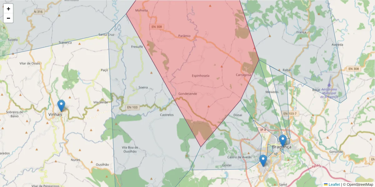 Mapa detalhado do código postal 5300-561 com limites, códigos postais vizinhos e agências dos correios