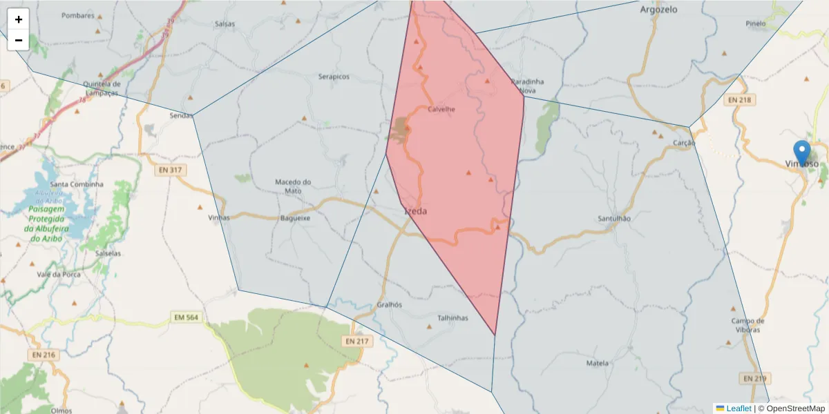 Mapa detalhado do código postal 5300-598 com limites, códigos postais vizinhos e agências dos correios