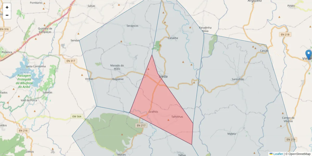 Mapa detalhado do código postal 5300-613 com limites, códigos postais vizinhos e agências dos correios