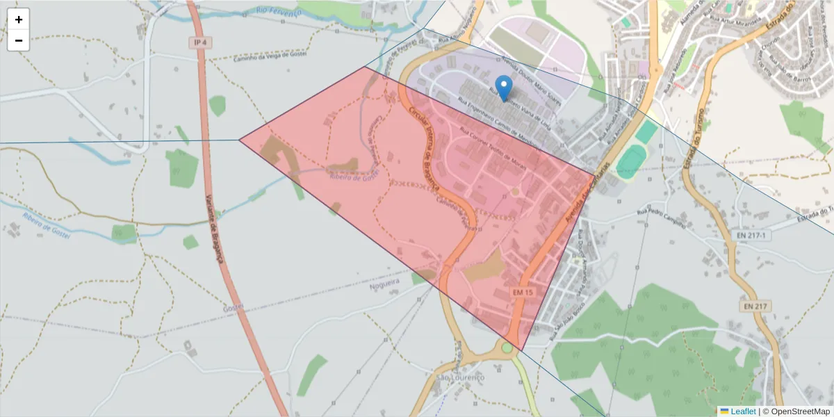 Mapa detalhado do código postal 5300-851 com limites, códigos postais vizinhos e agências dos correios