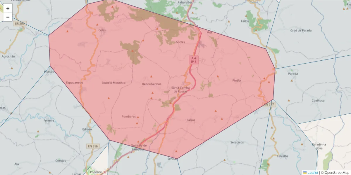 Mapa detalhado do código postal 5300-861 com limites, códigos postais vizinhos e agências dos correios