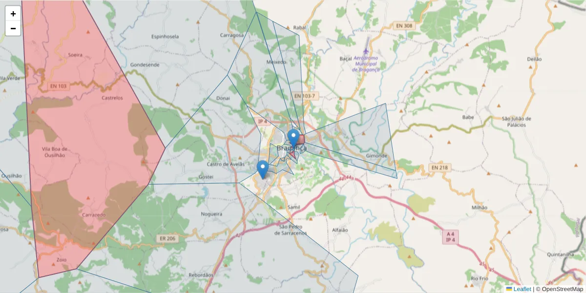 Mapa detalhado do código postal 5300 com limites, códigos postais vizinhos e agências dos correios