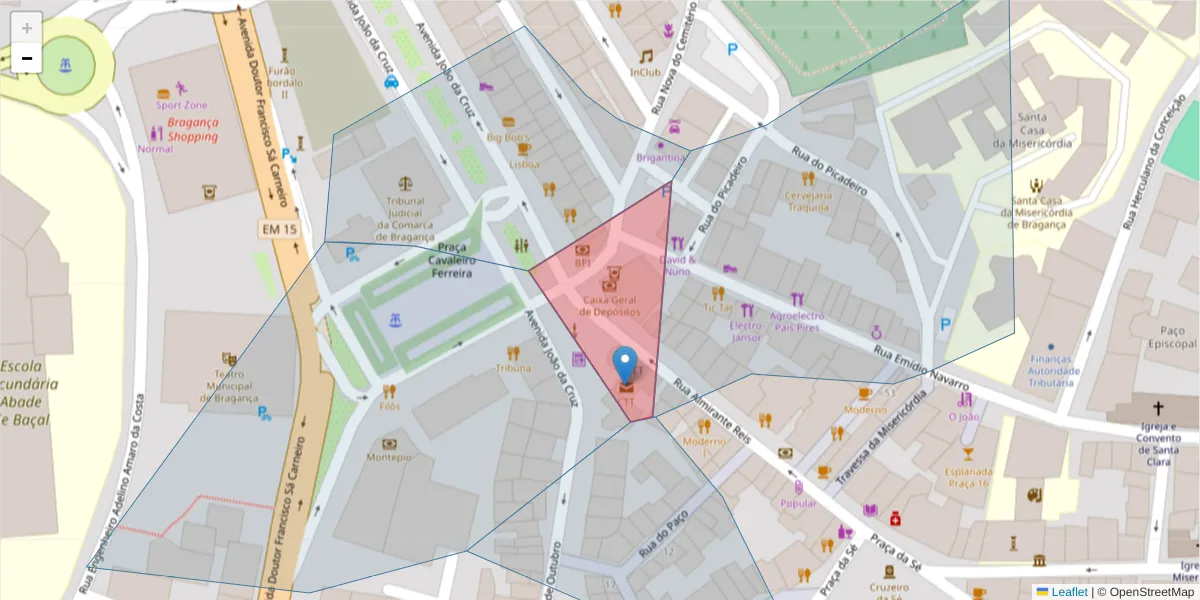 Mapa detalhado do código postal 5301-077 com limites, códigos postais vizinhos e agências dos correios