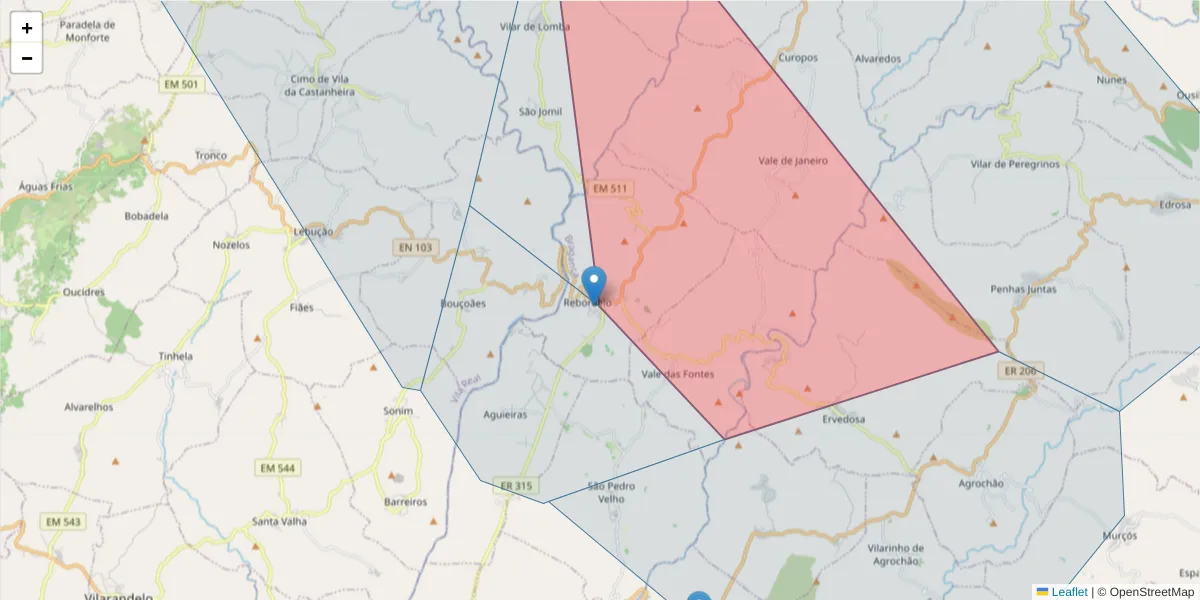 Mapa detalhado do código postal 5335-101 com limites, códigos postais vizinhos e agências dos correios
