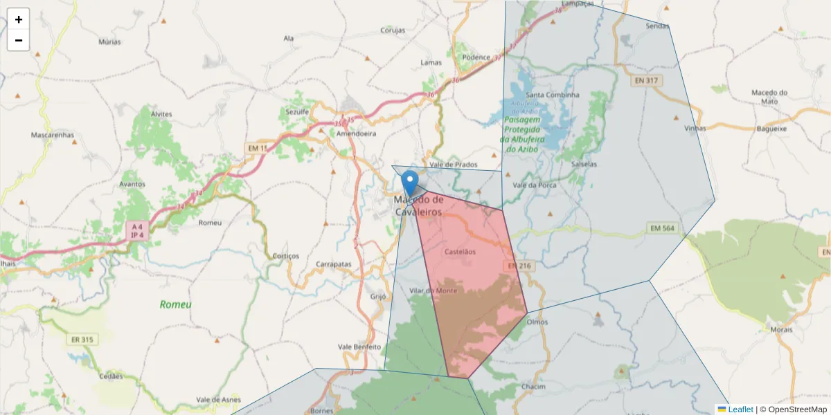 Mapa detalhado do código postal 5340-202 Macedo de Cavaleiros com limites, códigos postais vizinhos e agências dos correios