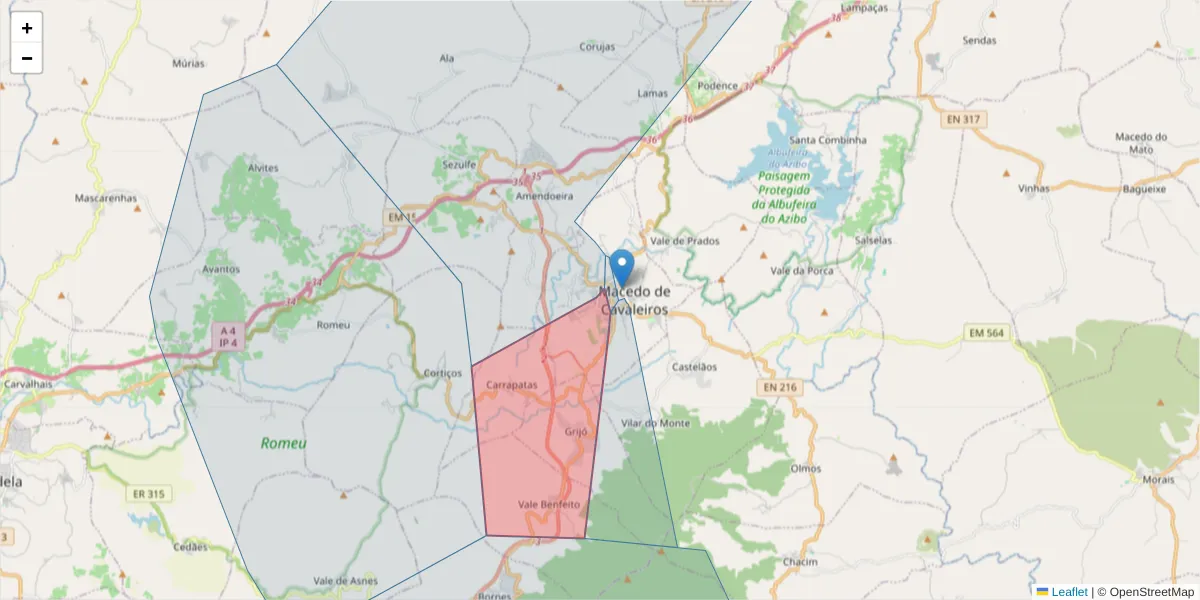 Mapa detalhado do código postal 5340-257 com limites, códigos postais vizinhos e agências dos correios