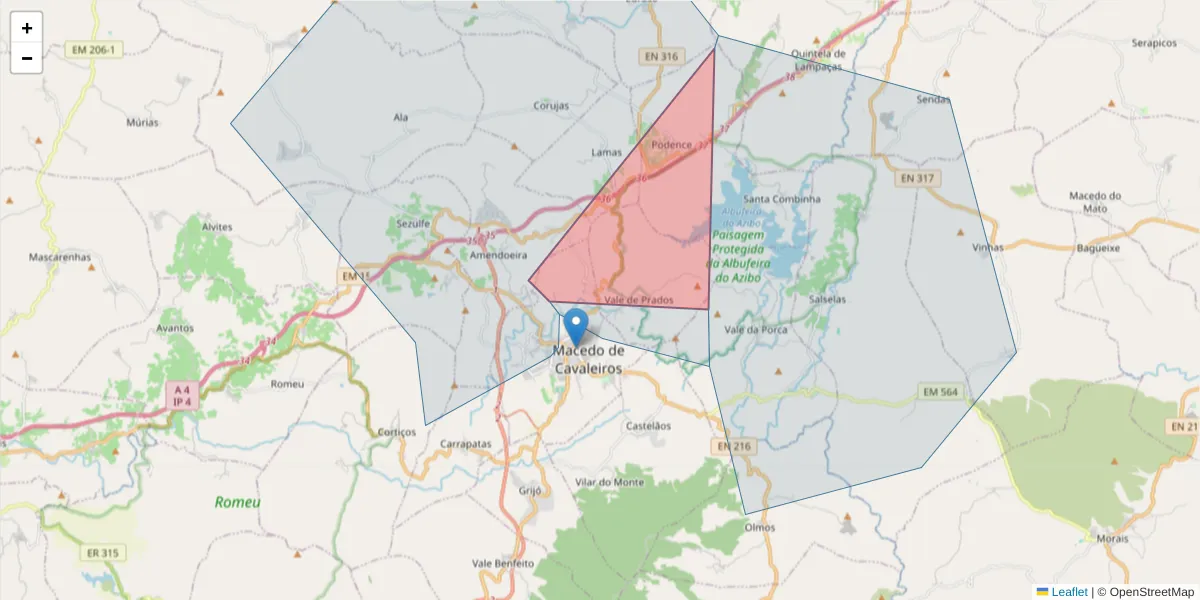 Mapa detalhado do código postal 5340-292 com limites, códigos postais vizinhos e agências dos correios