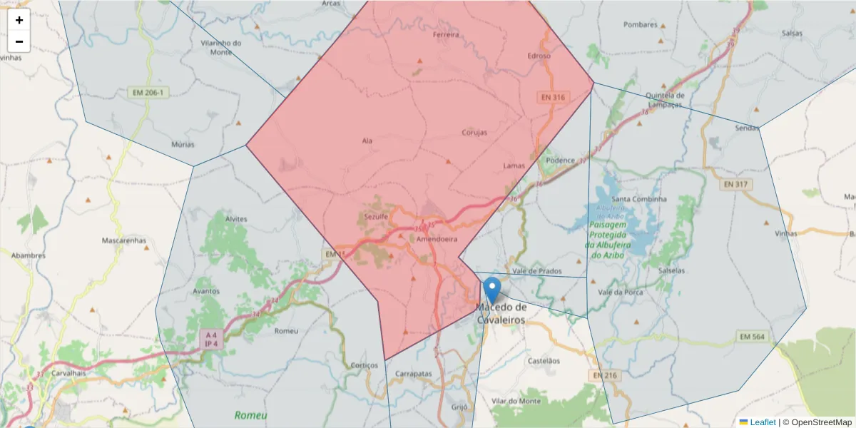 Mapa detalhado do código postal 5340-296 com limites, códigos postais vizinhos e agências dos correios