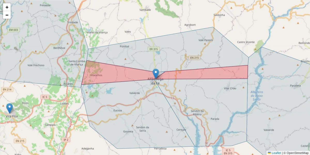 Mapa detalhado do código postal 5350-001 com limites, códigos postais vizinhos e agências dos correios