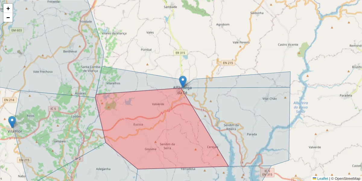 Mapa detalhado do código postal 5350-017 com limites, códigos postais vizinhos e agências dos correios