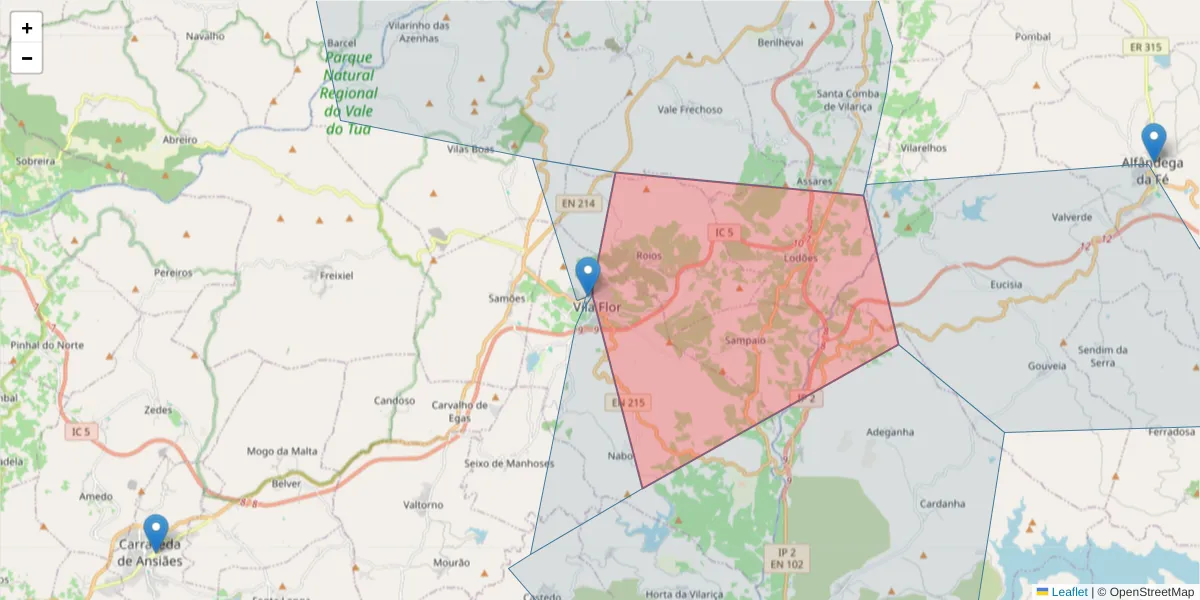 Mapa detalhado do código postal 5360-304 com limites, códigos postais vizinhos e agências dos correios