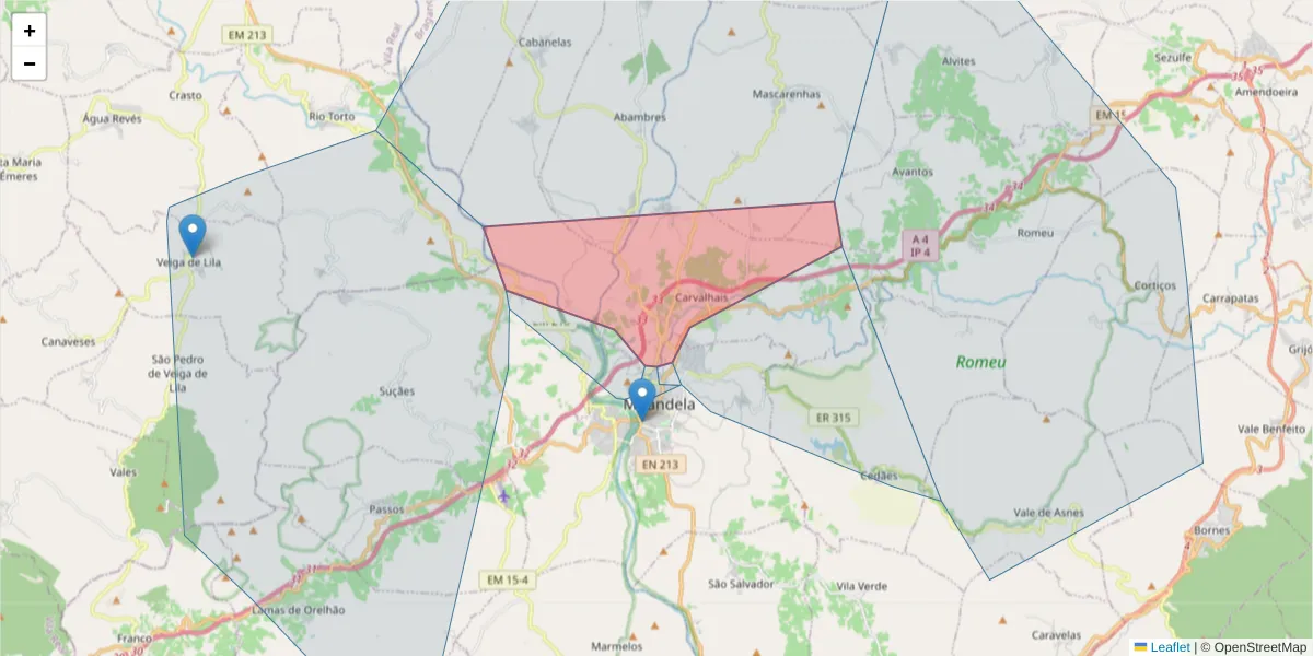 Mapa detalhado do código postal 5370-087 com limites, códigos postais vizinhos e agências dos correios