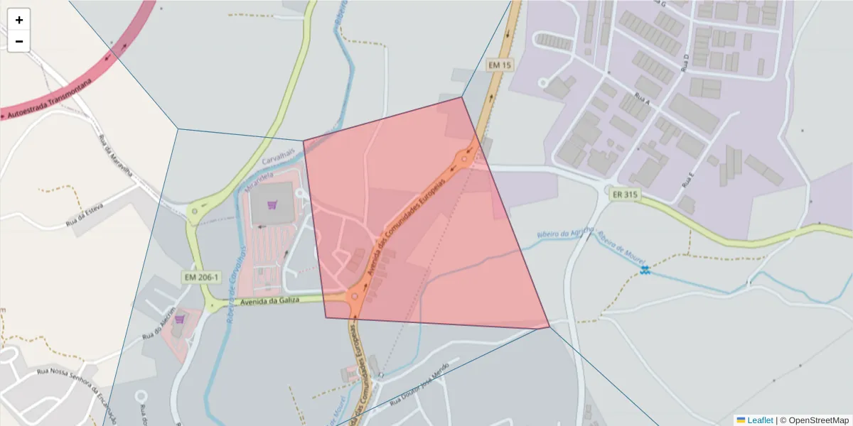 Mapa detalhado do código postal 5370-205 com limites, códigos postais vizinhos e agências dos correios