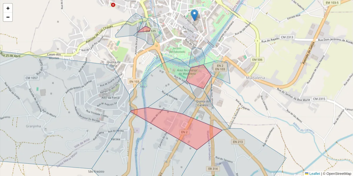 Mapa detalhado do código postal 5400-000 com limites, códigos postais vizinhos e agências dos correios