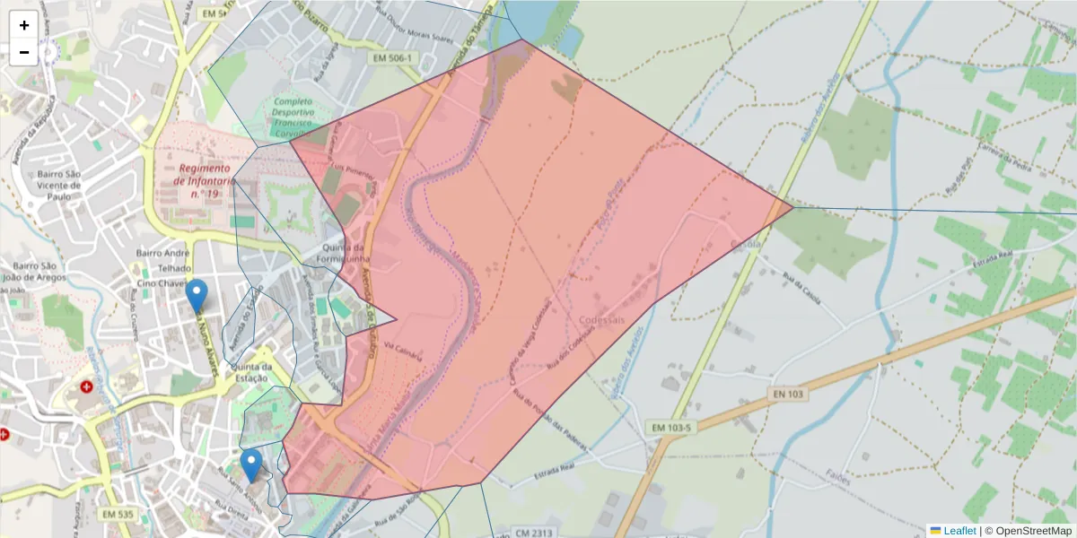 Mapa detalhado do código postal 5400-017 com limites, códigos postais vizinhos e agências dos correios