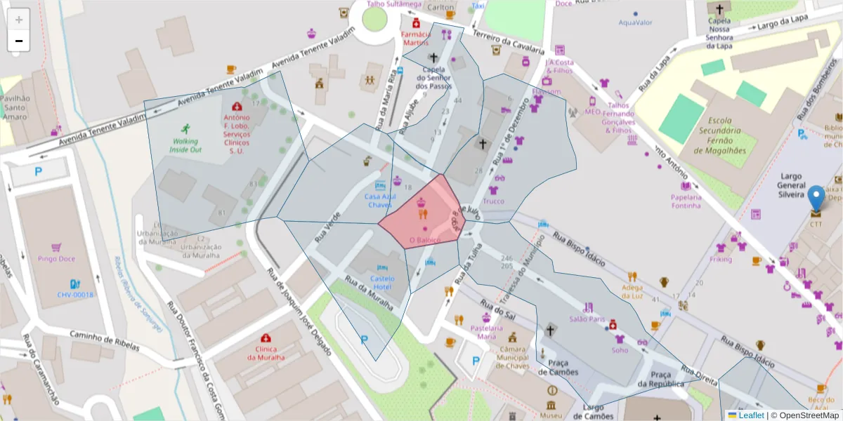 Mapa detalhado do código postal 5400-018 com limites, códigos postais vizinhos e agências dos correios