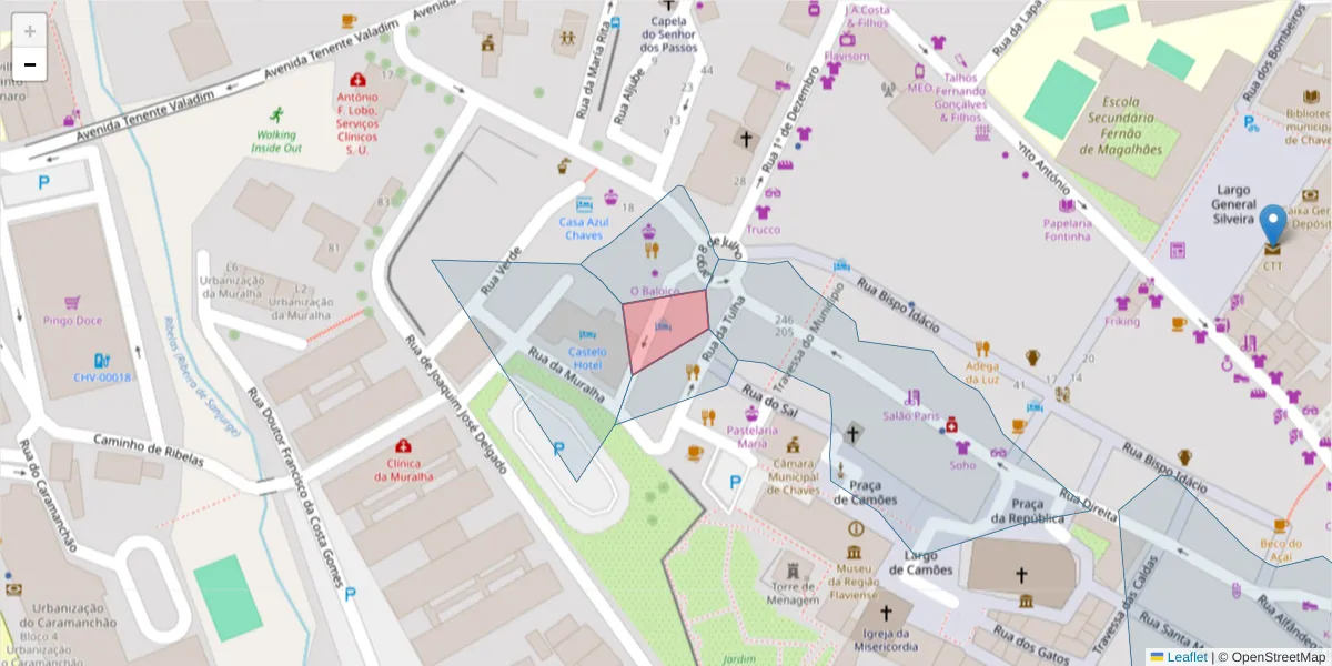 Mapa detalhado do código postal 5400-021 com limites, códigos postais vizinhos e agências dos correios