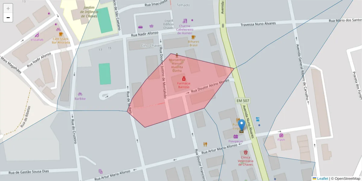 Mapa detalhado do código postal 5400-032 com limites, códigos postais vizinhos e agências dos correios
