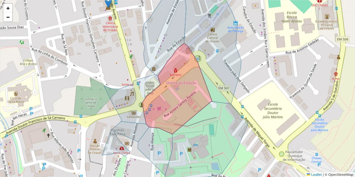 Mapa detalhado do código postal 5400-080 com limites, códigos postais vizinhos e agências dos correios