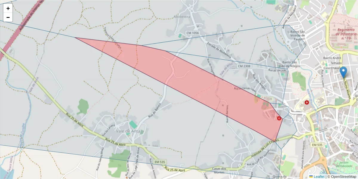 Mapa detalhado do código postal 5400-086 com limites, códigos postais vizinhos e agências dos correios