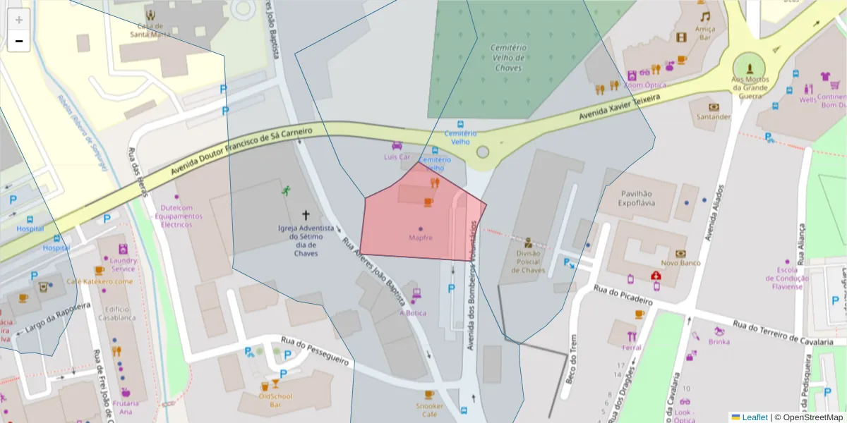 Mapa detalhado do código postal 5400-121 com limites, códigos postais vizinhos e agências dos correios
