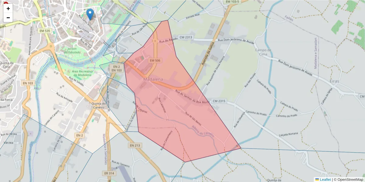 Mapa detalhado do código postal 5400-223 com limites, códigos postais vizinhos e agências dos correios