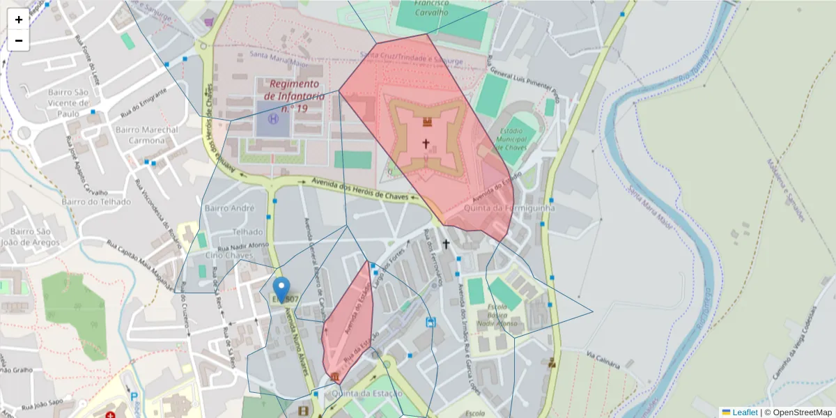 Mapa detalhado do código postal 5400-234 com limites, códigos postais vizinhos e agências dos correios