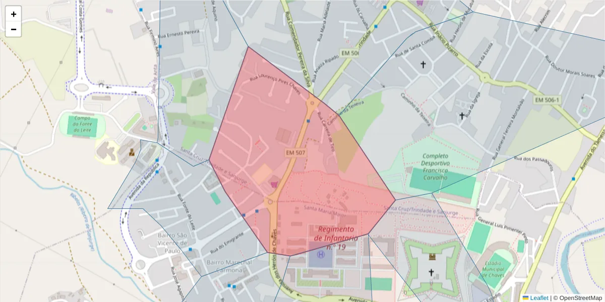 Mapa detalhado do código postal 5400-256 com limites, códigos postais vizinhos e agências dos correios