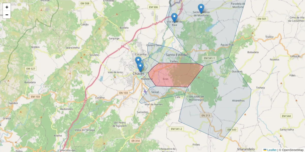 Mapa detalhado do código postal 5400-293 com limites, códigos postais vizinhos e agências dos correios
