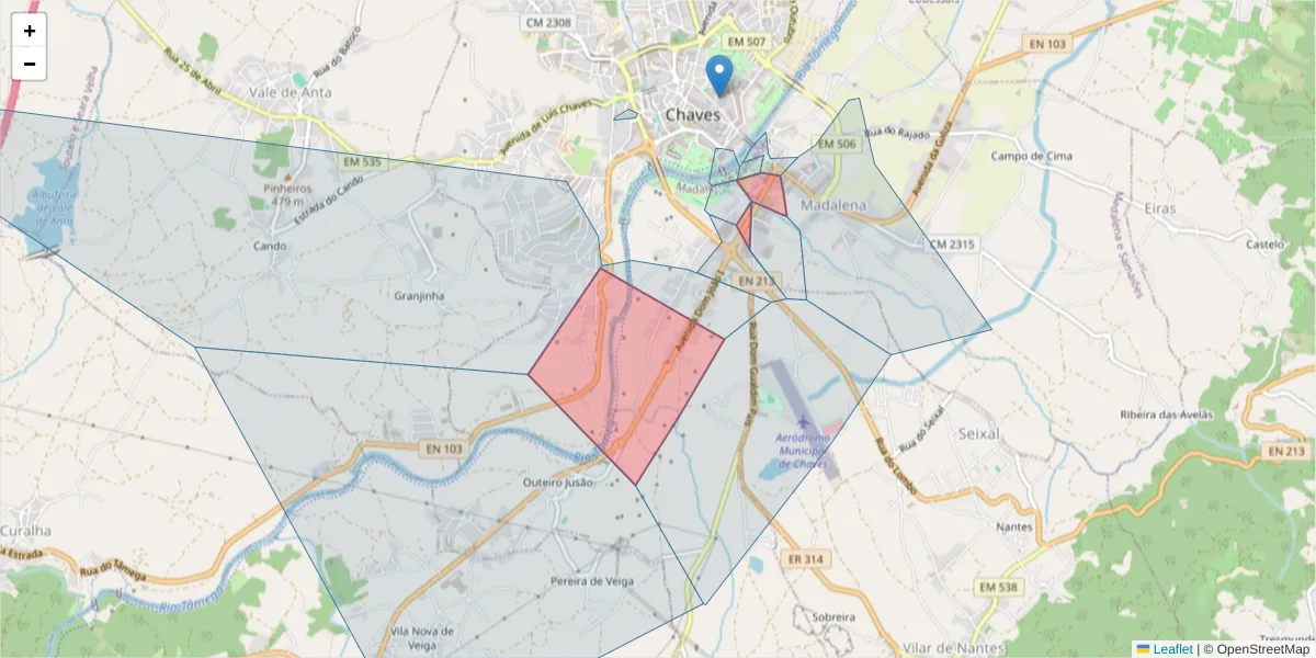 Mapa detalhado do código postal 5400-323 com limites, códigos postais vizinhos e agências dos correios