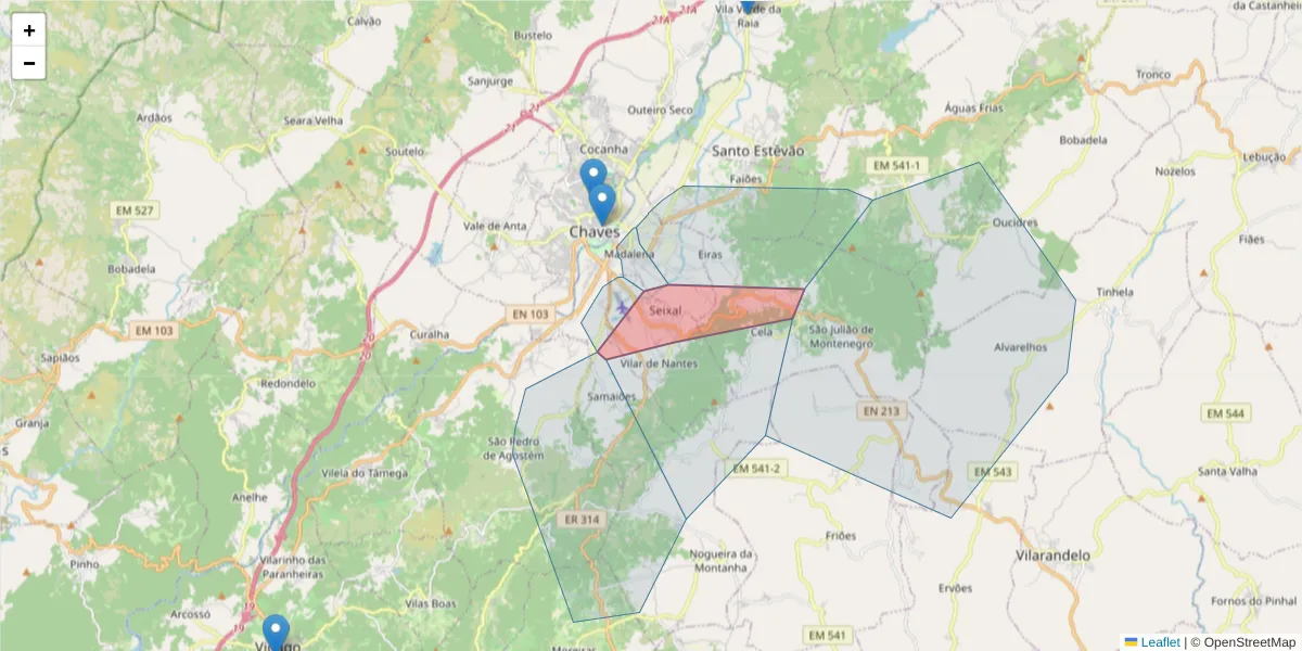 Mapa detalhado do código postal 5400-352 com limites, códigos postais vizinhos e agências dos correios