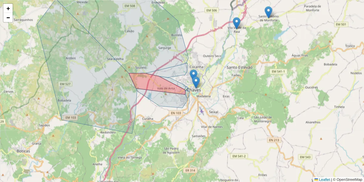Mapa detalhado do código postal 5400-361 com limites, códigos postais vizinhos e agências dos correios