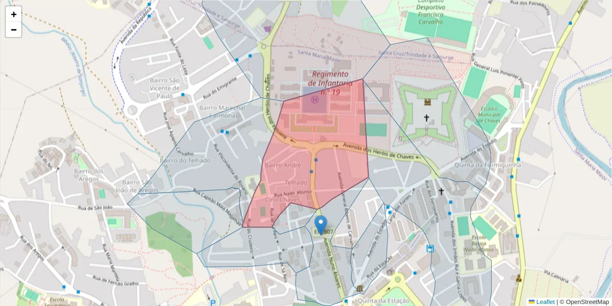 Mapa detalhado do código postal 5400-416 com limites, códigos postais vizinhos e agências dos correios