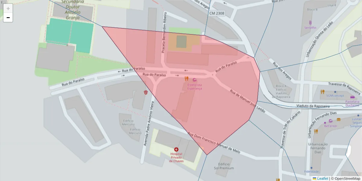 Mapa detalhado do código postal 5400-428 com limites, códigos postais vizinhos e agências dos correios