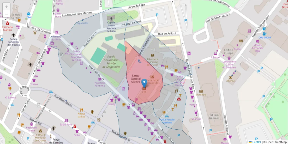 Mapa detalhado do código postal 5400-516 com limites, códigos postais vizinhos e agências dos correios