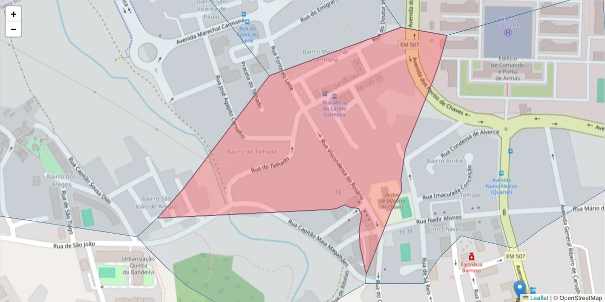 Mapa detalhado do código postal 5400-568 com limites, códigos postais vizinhos e agências dos correios